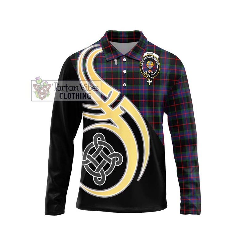 Nairn Tartan Long Sleeve Polo Shirt with Family Crest and Celtic Symbol Style
