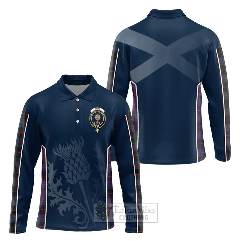 Nairn Tartan Long Sleeve Polo Shirt with Family Crest and Scottish Thistle Vibes Sport Style
