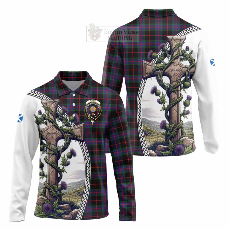 Nairn Tartan Long Sleeve Polo Shirt with Family Crest and St. Andrew's Cross Accented by Thistle Vines