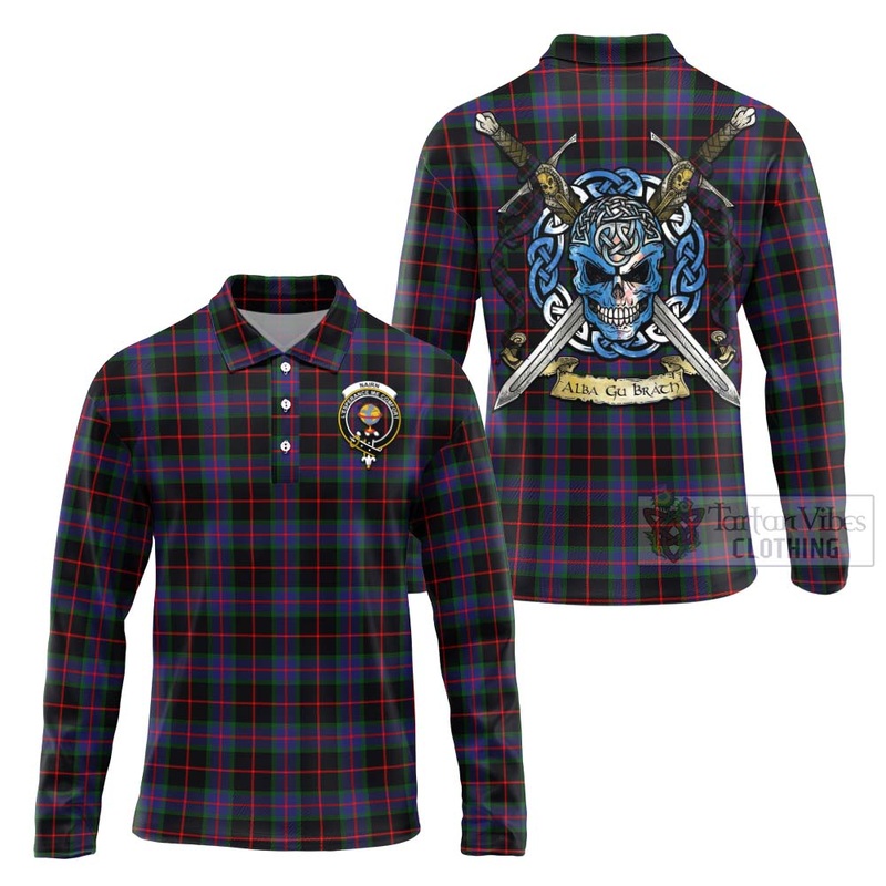 Nairn Tartan Long Sleeve Polo Shirt with Family Crest Celtic Skull Style