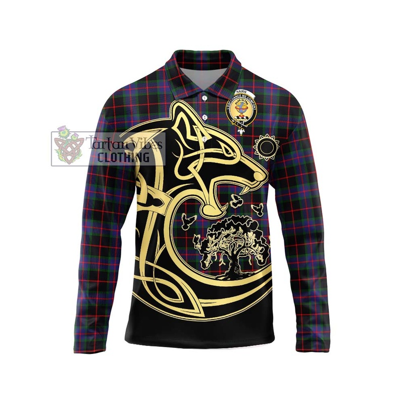 Nairn Tartan Long Sleeve Polo Shirt with Family Crest Celtic Wolf Style