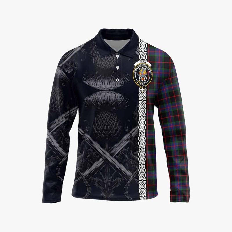 Nairn Tartan Long Sleeve Polo Shirt with Family Crest Cross Sword Thistle Celtic Vibes