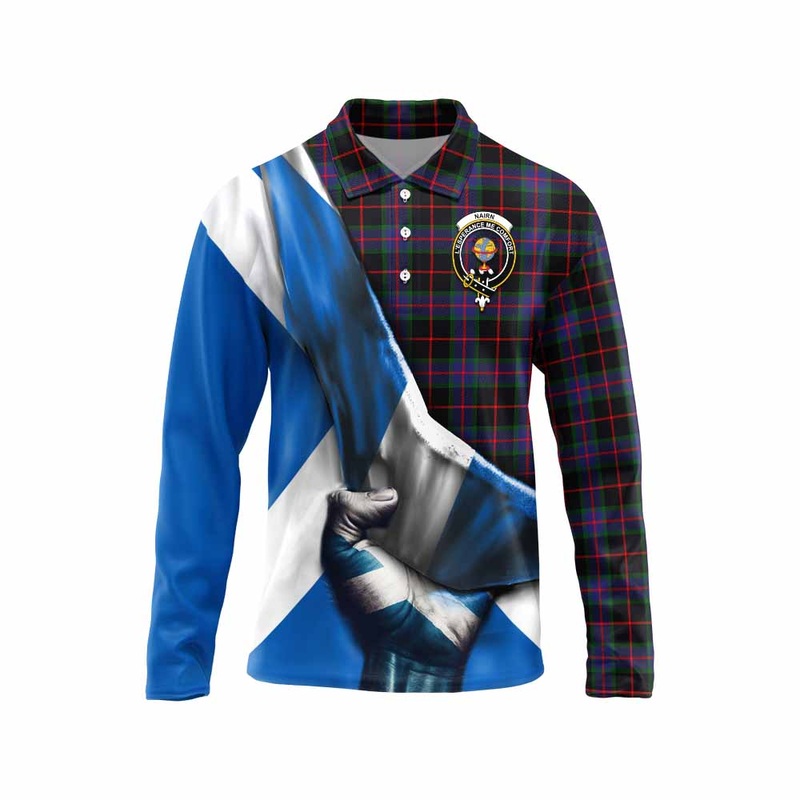 Nairn Tartan Long Sleeve Polo Shirt with Family Crest Scotland Patriotic Style