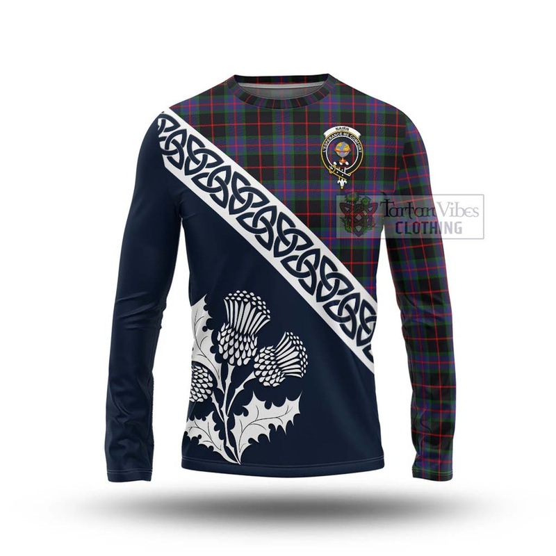 Nairn Tartan Long Sleeve T-Shirt Featuring Thistle and Scotland Map