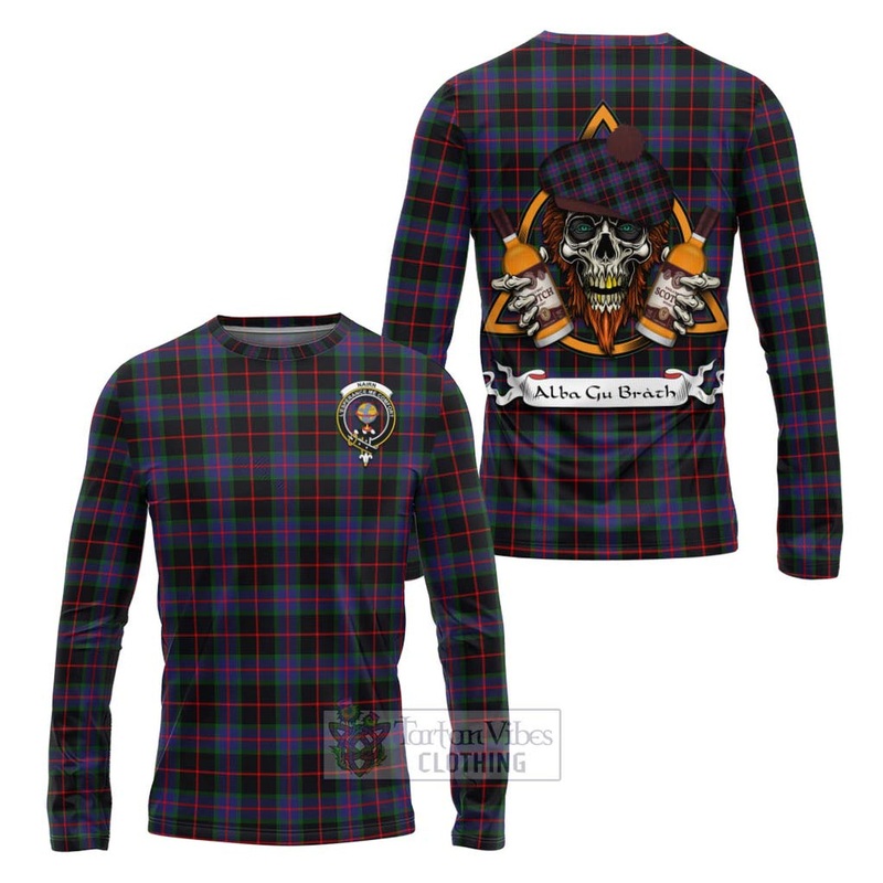 Nairn Tartan Long Sleeve T-Shirt with Family Crest and Bearded Skull Holding Bottles of Whiskey