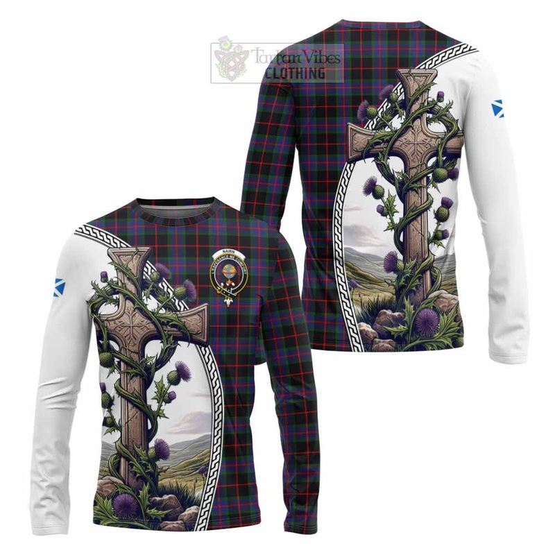 Nairn Tartan Long Sleeve T-Shirt with Family Crest and St. Andrew's Cross Accented by Thistle Vines