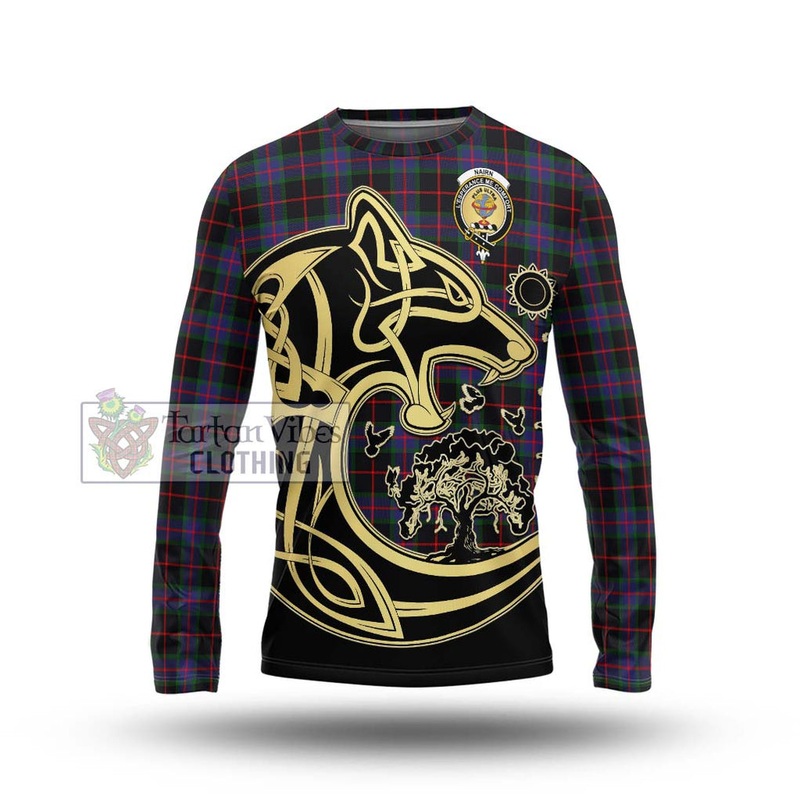 Nairn Tartan Long Sleeve T-Shirt with Family Crest Celtic Wolf Style