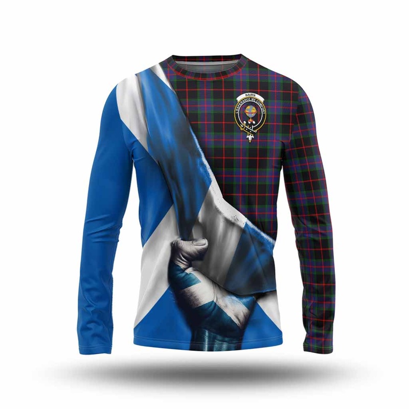 Nairn Tartan Long Sleeve T-Shirt with Family Crest Scotland Patriotic Style