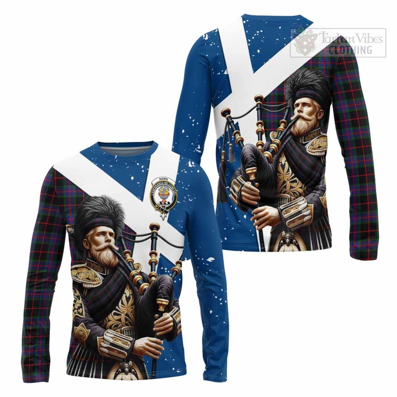 Nairn Tartan Long Sleeve T-Shirt with Family Crest Scottish Bagpiper Vibes