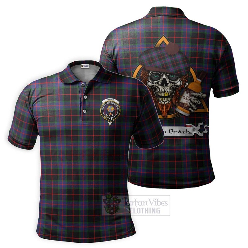Nairn Tartan Polo Shirt with Family Crest and Bearded Skull Holding Bottles of Whiskey