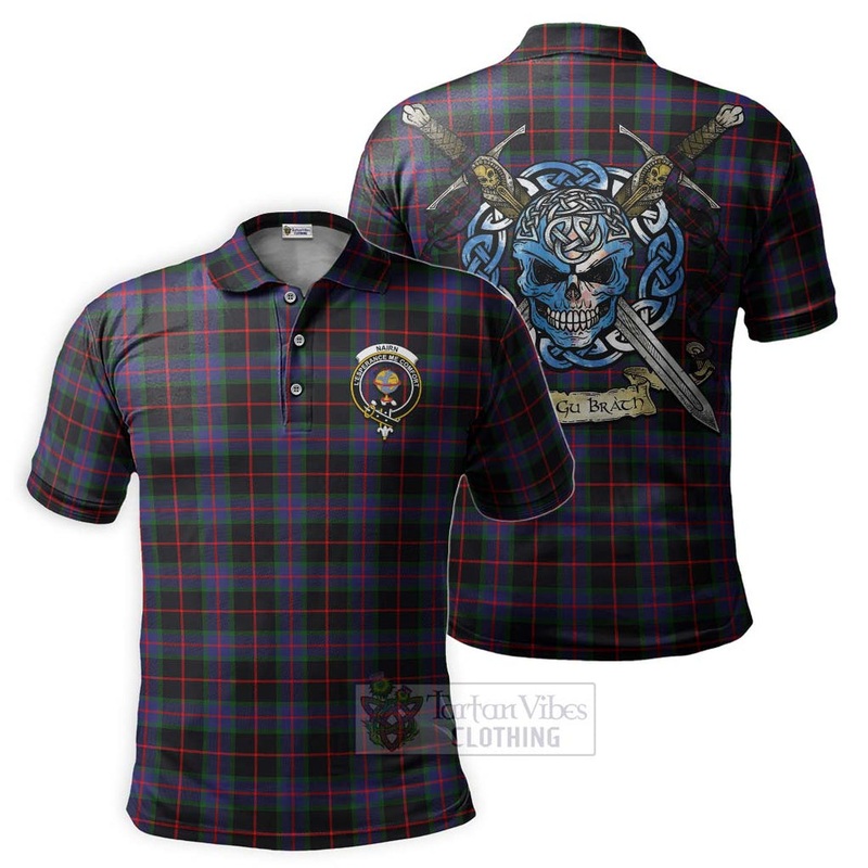 Nairn Tartan Polo Shirt with Family Crest Celtic Skull Style