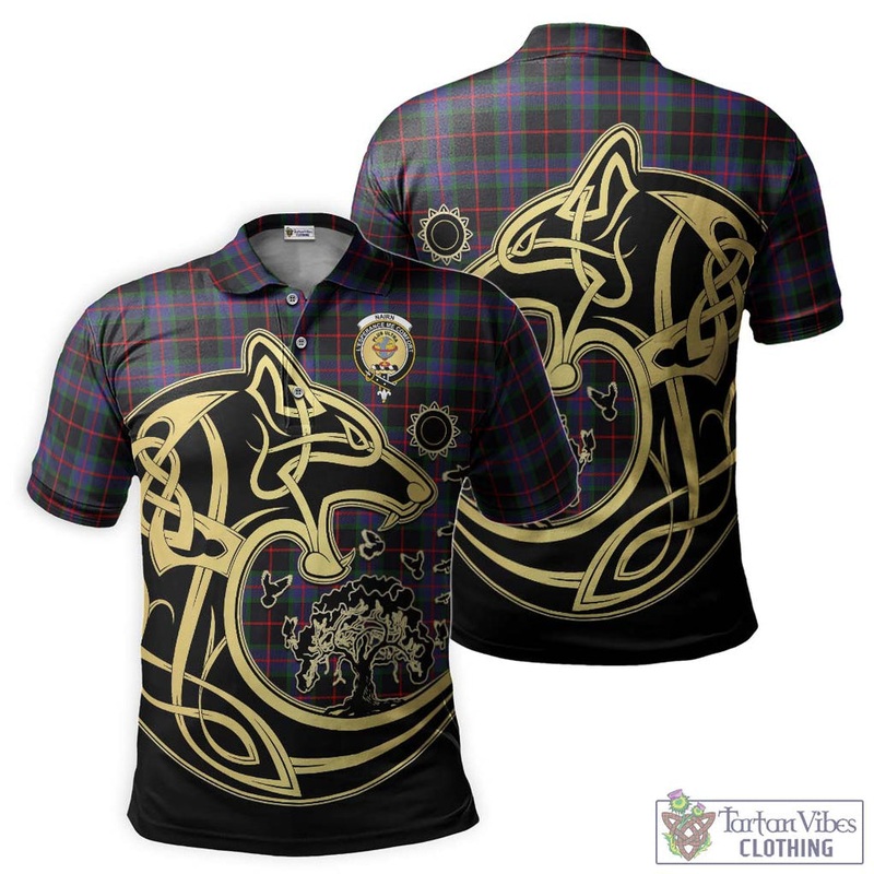 Nairn Tartan Polo Shirt with Family Crest Celtic Wolf Style