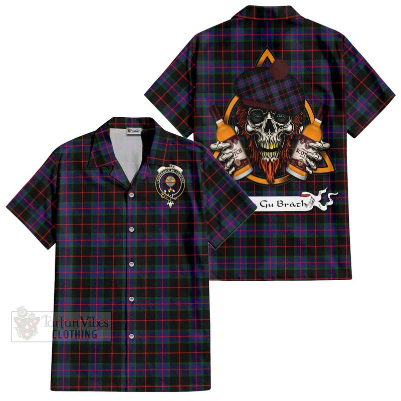 Nairn Tartan Short Sleeve Button Shirt with Family Crest and Bearded Skull Holding Bottles of Whiskey