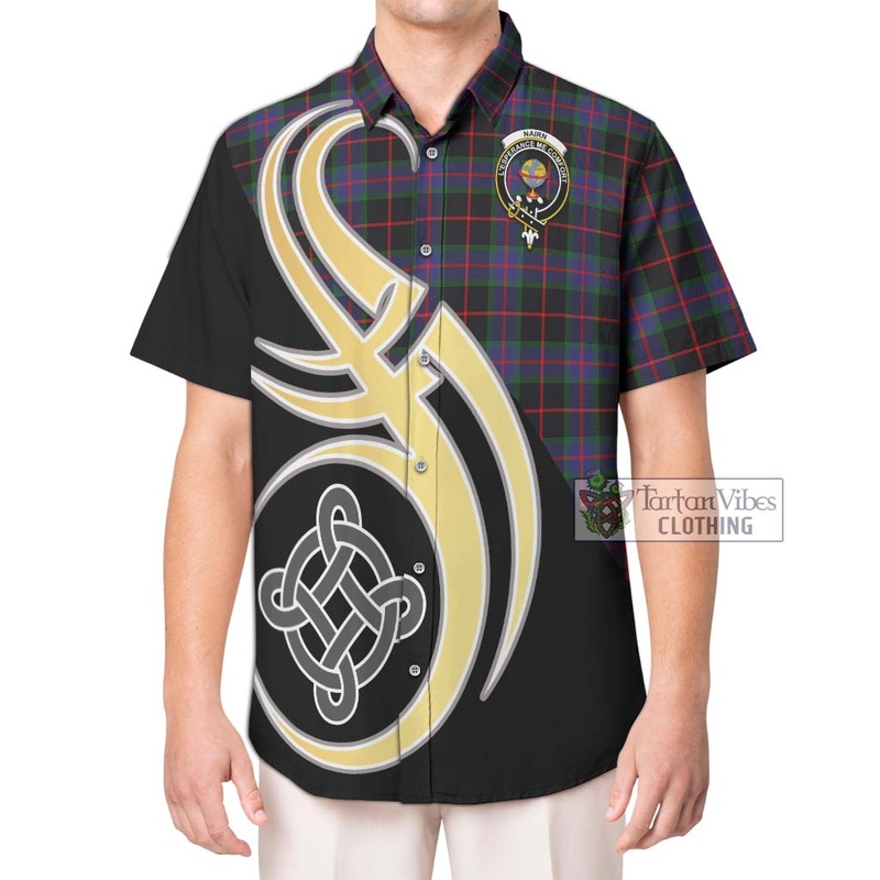 Nairn Tartan Short Sleeve Button Shirt with Family Crest and Celtic Symbol Style