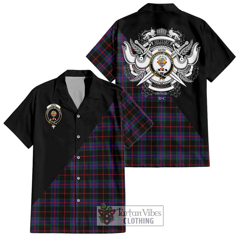 Nairn Tartan Short Sleeve Button Shirt with Family Crest and Military Logo Style