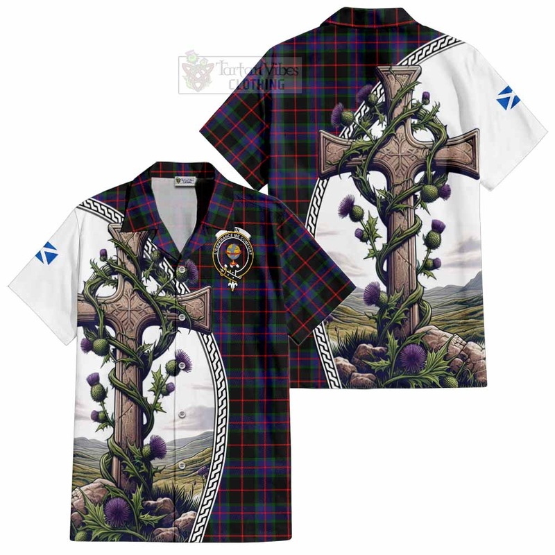 Nairn Tartan Short Sleeve Button Shirt with Family Crest and St. Andrew's Cross Accented by Thistle Vines