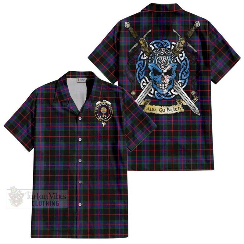 Nairn Tartan Short Sleeve Button Shirt with Family Crest Celtic Skull Style