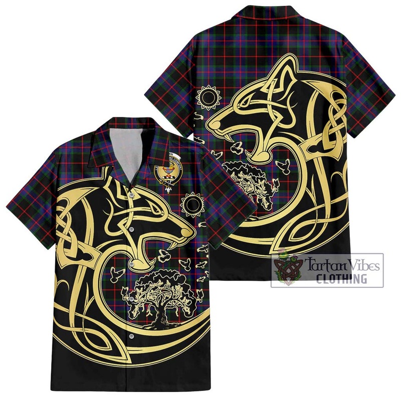 Nairn Tartan Short Sleeve Button Shirt with Family Crest Celtic Wolf Style
