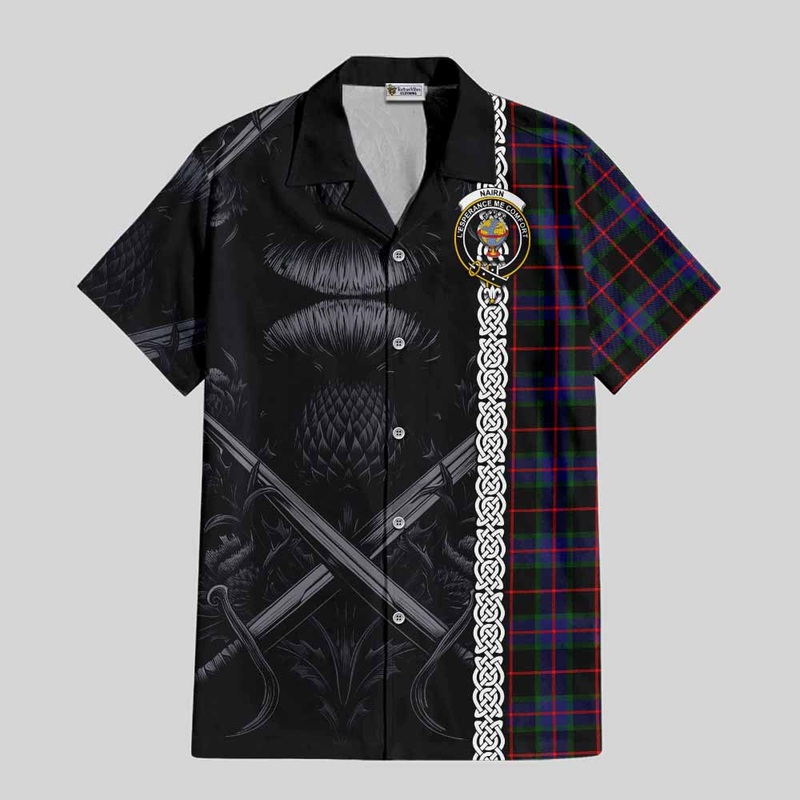 Nairn Tartan Short Sleeve Button Shirt with Family Crest Cross Sword Thistle Celtic Vibes