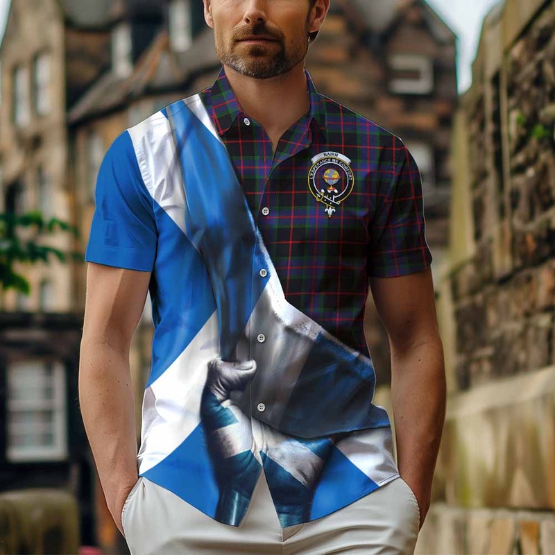 Nairn Tartan Short Sleeve Button Shirt with Family Crest Scotland Patriotic Style