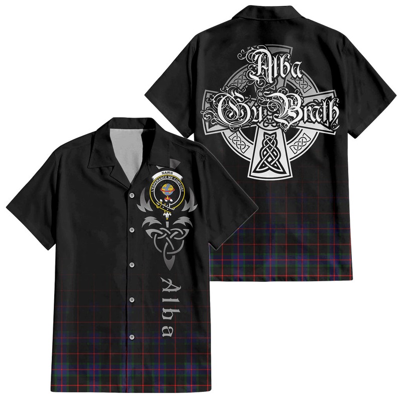 Nairn Tartan Short Sleeve Button Up Shirt Featuring Alba Gu Brath Family Crest Celtic Inspired