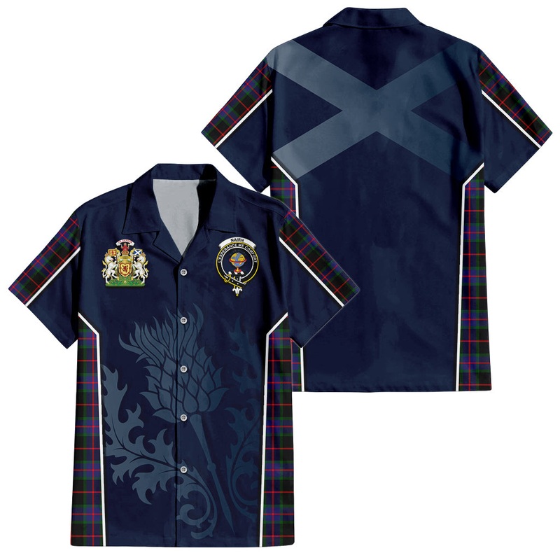 Nairn Tartan Short Sleeve Button Up Shirt with Family Crest and Scottish Thistle Vibes Sport Style