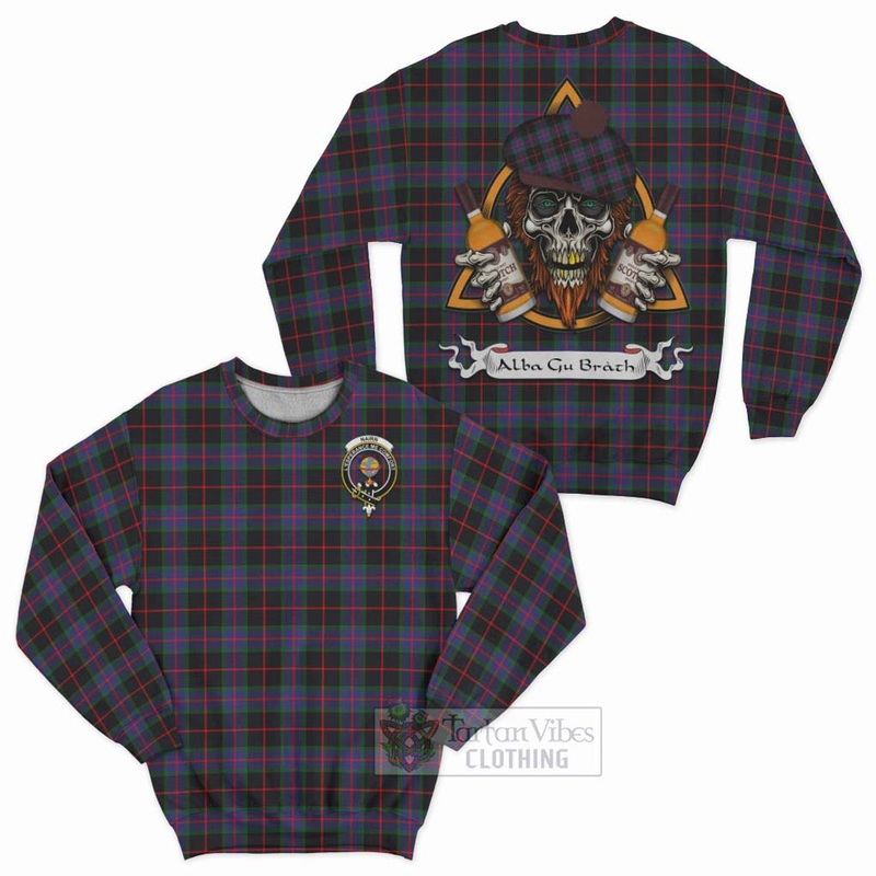 Nairn Tartan Sweatshirt with Family Crest and Bearded Skull Holding Bottles of Whiskey