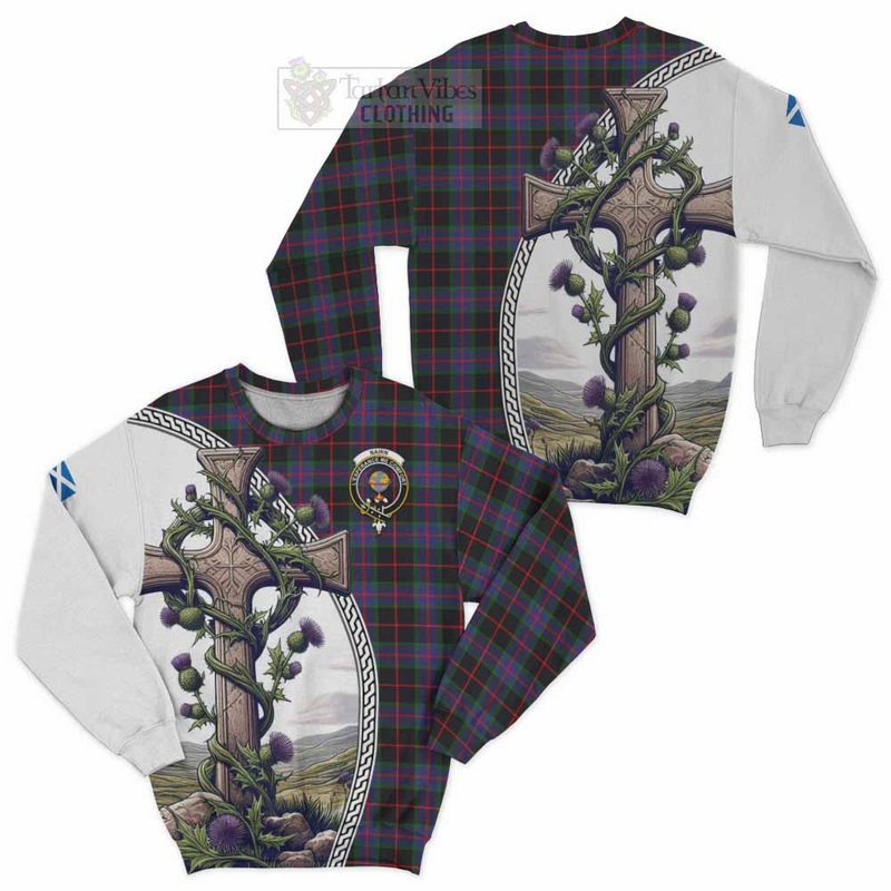 Nairn Tartan Sweatshirt with Family Crest and St. Andrew's Cross Accented by Thistle Vines