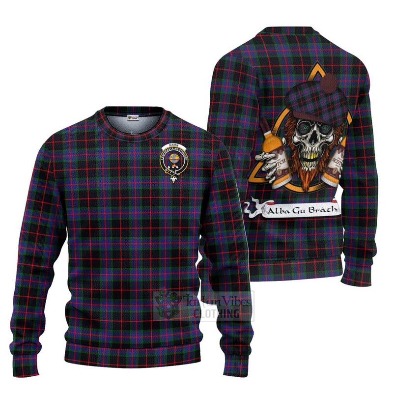 Nairn Tartan Ugly Sweater with Family Crest and Bearded Skull Holding Bottles of Whiskey