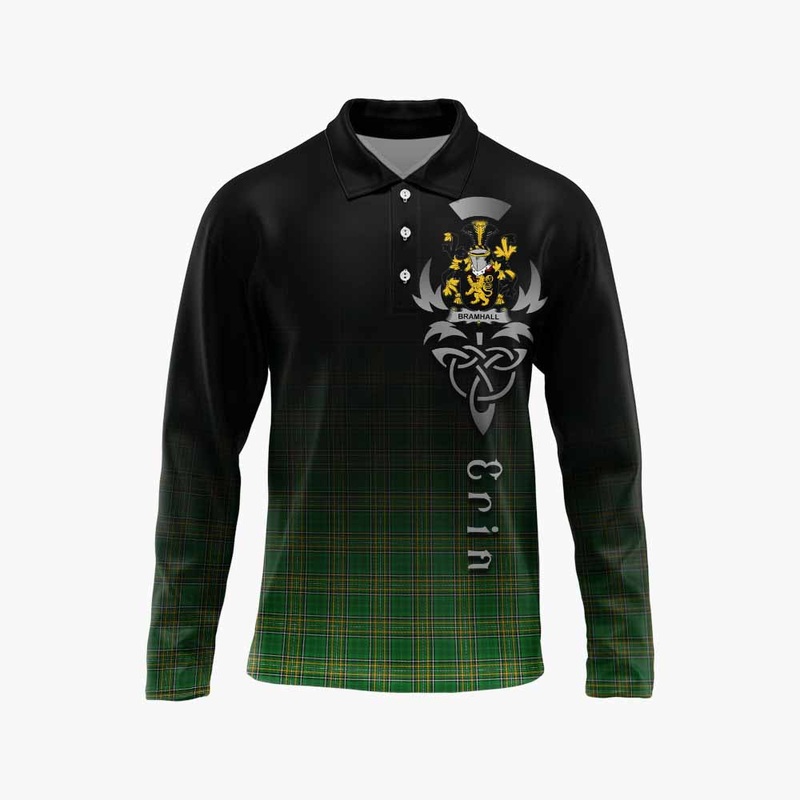 Bramhall Irish Clan Long Sleeve Polo Shirt with Coat of Arms Erin Go Bragh Celtic Inspired