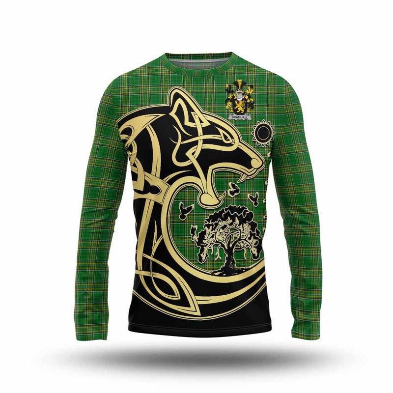 Bramhall Irish Tartan Long Sleeve T-Shirt with Coat of Arms Celtic Wolf Style
