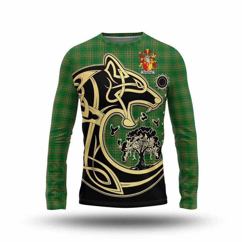 Branigan Irish Tartan Long Sleeve T-Shirt with Coat of Arms Celtic Wolf Style