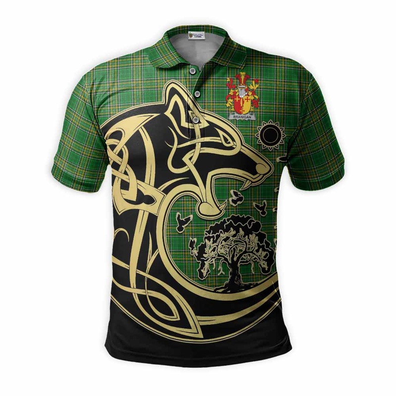 Branigan Irish Tartan Polo Shirt with Coat of Arms Celtic Wolf Style