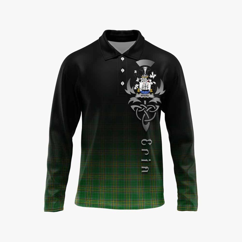 Myers Irish Clan Long Sleeve Polo Shirt with Coat of Arms Erin Go Bragh Celtic Inspired
