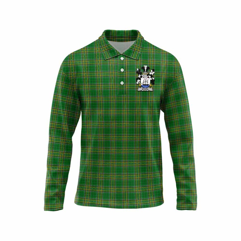 Myers Irish Clan Tartan Long Sleeve Polo Shirt with Coat of Arms