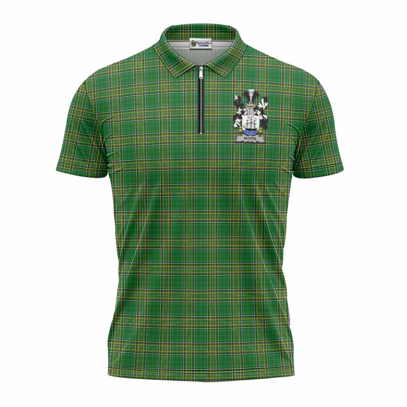 Myers Irish Clan Tartan Zipper Polo Shirt with Coat of Arms