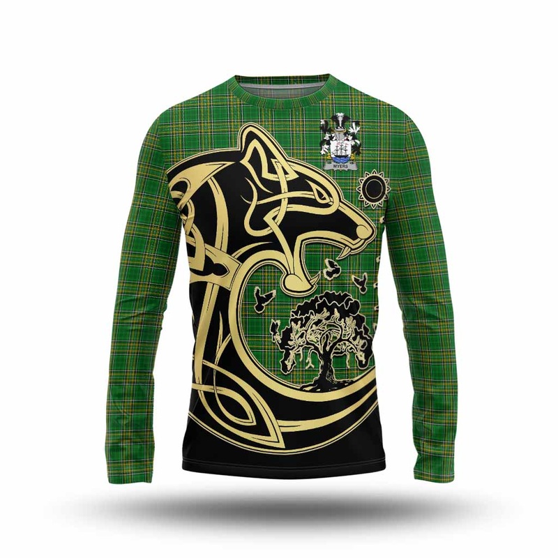 Myers Irish Tartan Long Sleeve T-Shirt with Coat of Arms Celtic Wolf Style