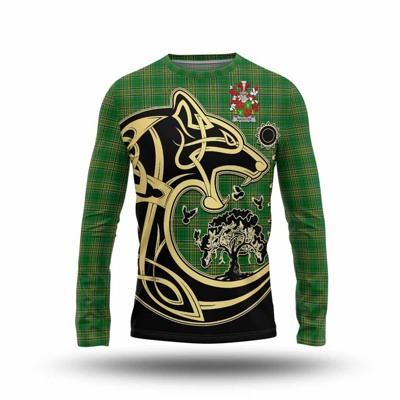 Naghten Irish Tartan Long Sleeve T-Shirt with Coat of Arms Celtic Wolf Style