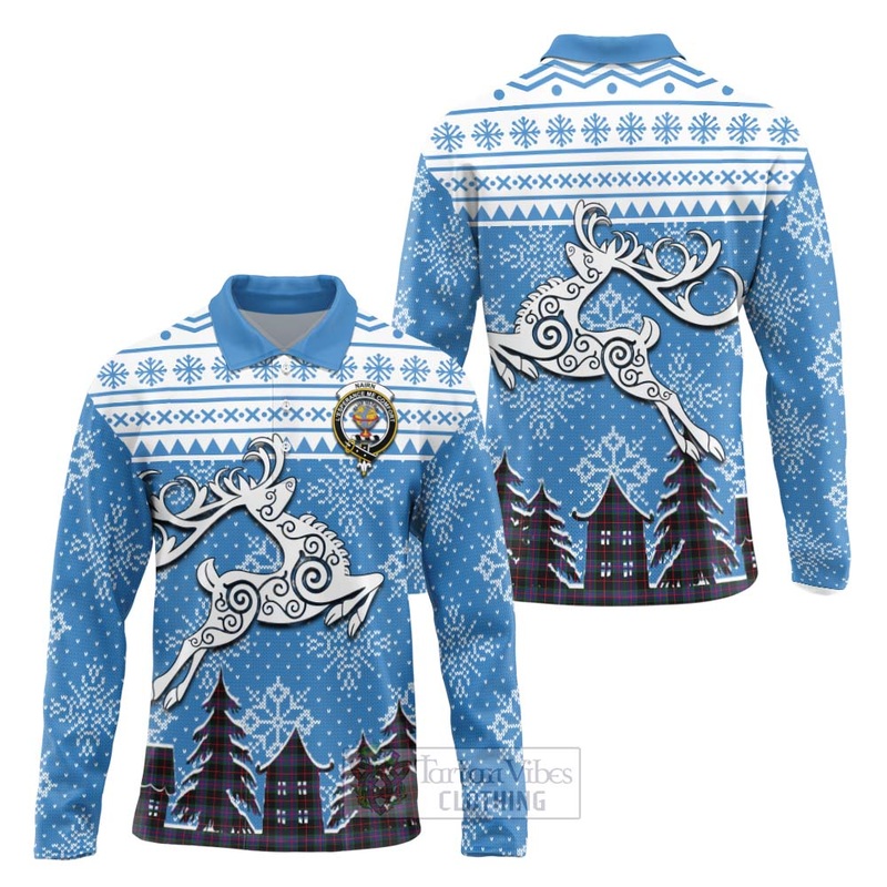Nairn Clan Christmas Long Sleeve Polo Shirt Celtic Reindeer Style
