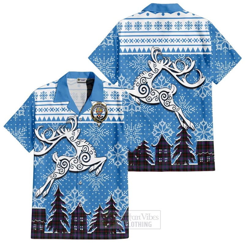 Nairn Clan Christmas Short Sleeve Button Shirt Celtic Reindeer Style