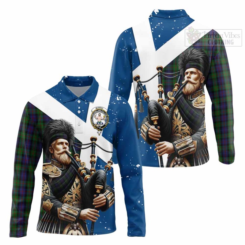 Murray Tartan Long Sleeve Polo Shirt with Family Crest Scottish Bagpiper Vibes