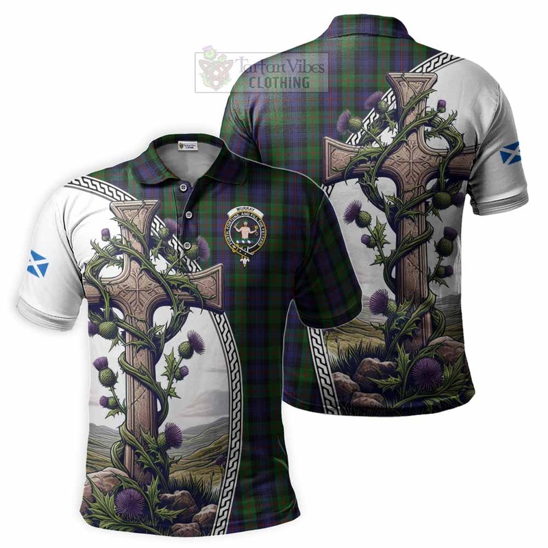 Murray Tartan Polo Shirt with Family Crest and St. Andrew's Cross Accented by Thistle Vines