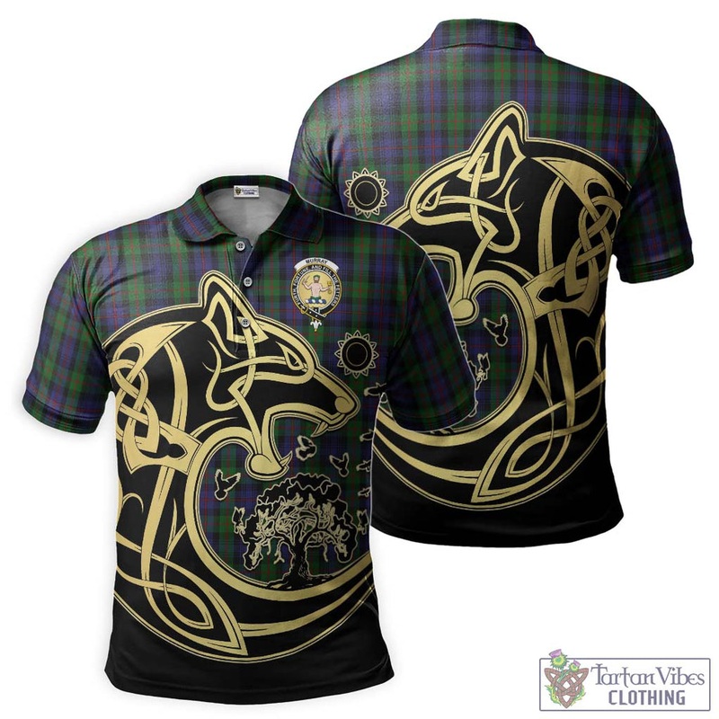 Murray Tartan Polo Shirt with Family Crest Celtic Wolf Style