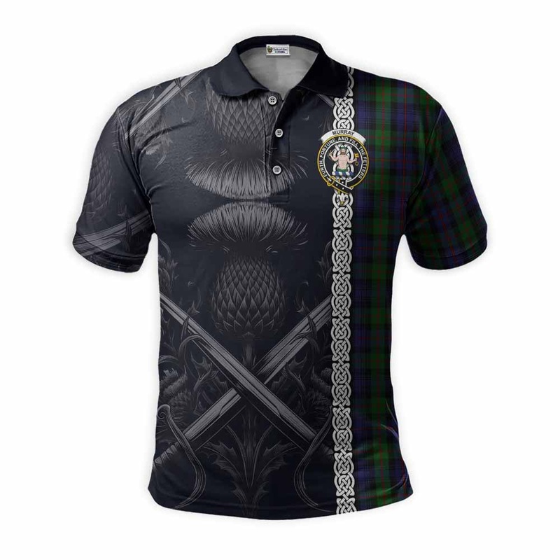 Murray Tartan Polo Shirt with Family Crest Cross Sword Thistle Celtic Vibes