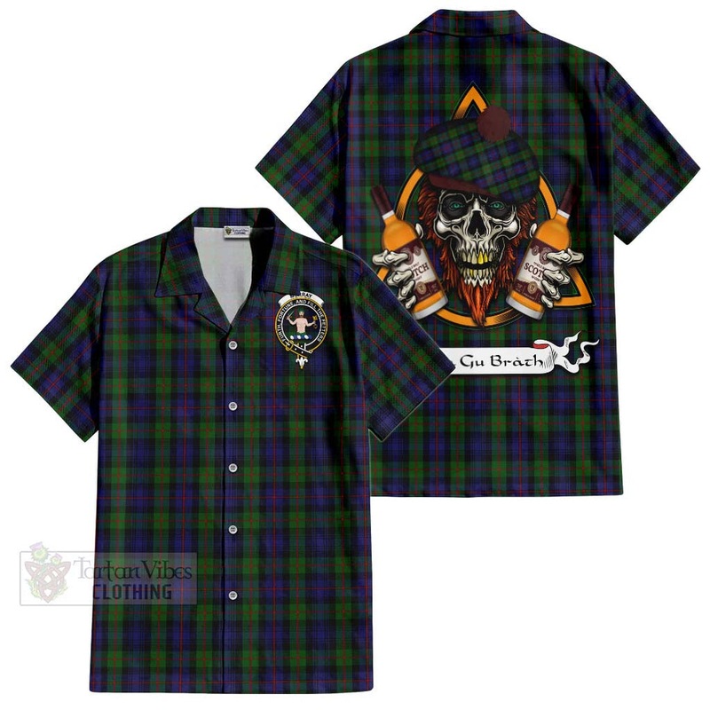 Murray Tartan Short Sleeve Button Shirt with Family Crest and Bearded Skull Holding Bottles of Whiskey