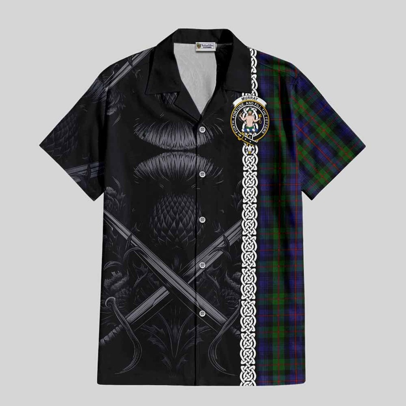 Murray Tartan Short Sleeve Button Shirt with Family Crest Cross Sword Thistle Celtic Vibes