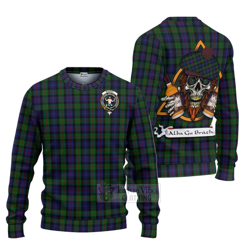 Murray Tartan Ugly Sweater with Family Crest and Bearded Skull Holding Bottles of Whiskey