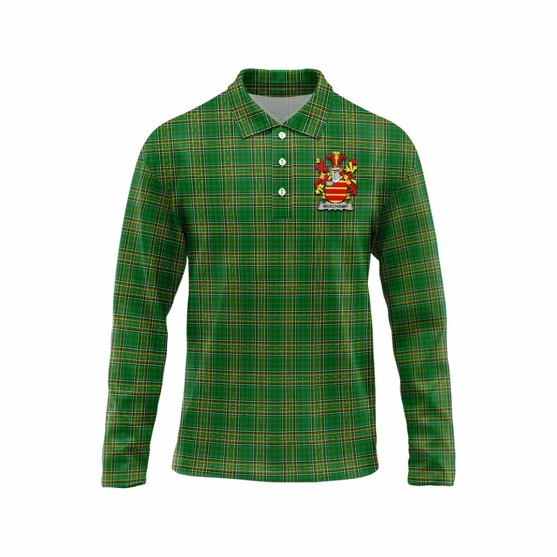 Muschamp Irish Clan Tartan Long Sleeve Polo Shirt with Coat of Arms