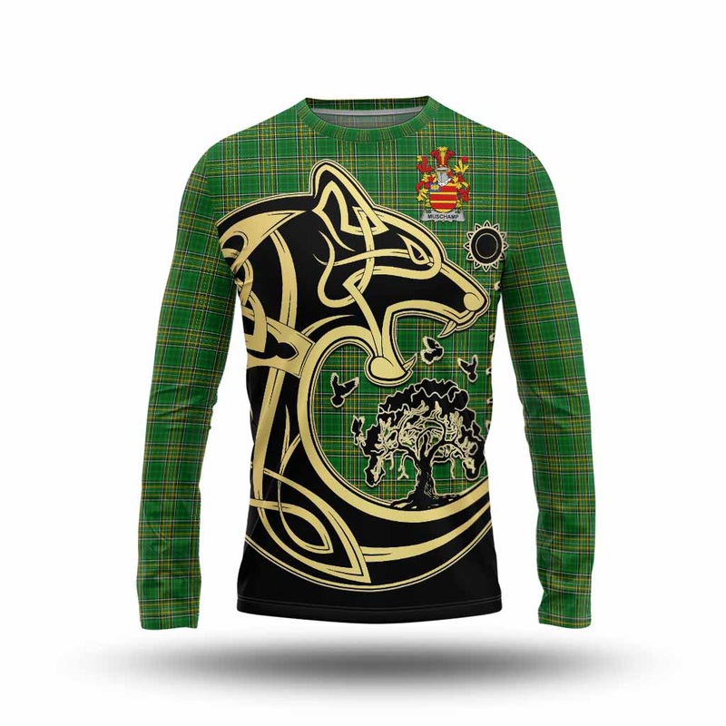 Muschamp Irish Tartan Long Sleeve T-Shirt with Coat of Arms Celtic Wolf Style