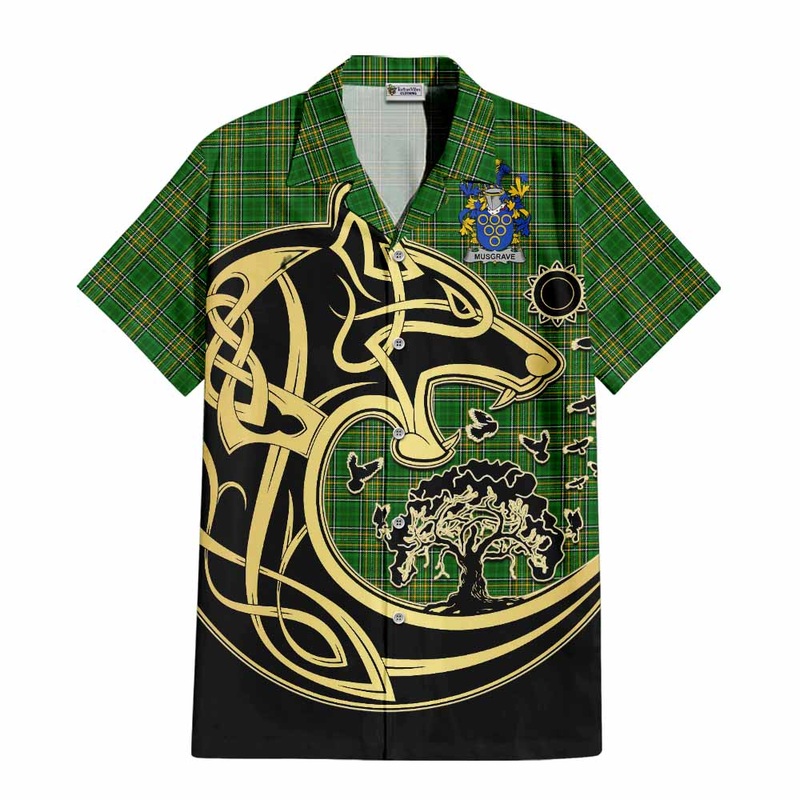 Musgrave Irish Tartan Short Sleeve Button Shirt with Coat of Arms Celtic Wolf Style